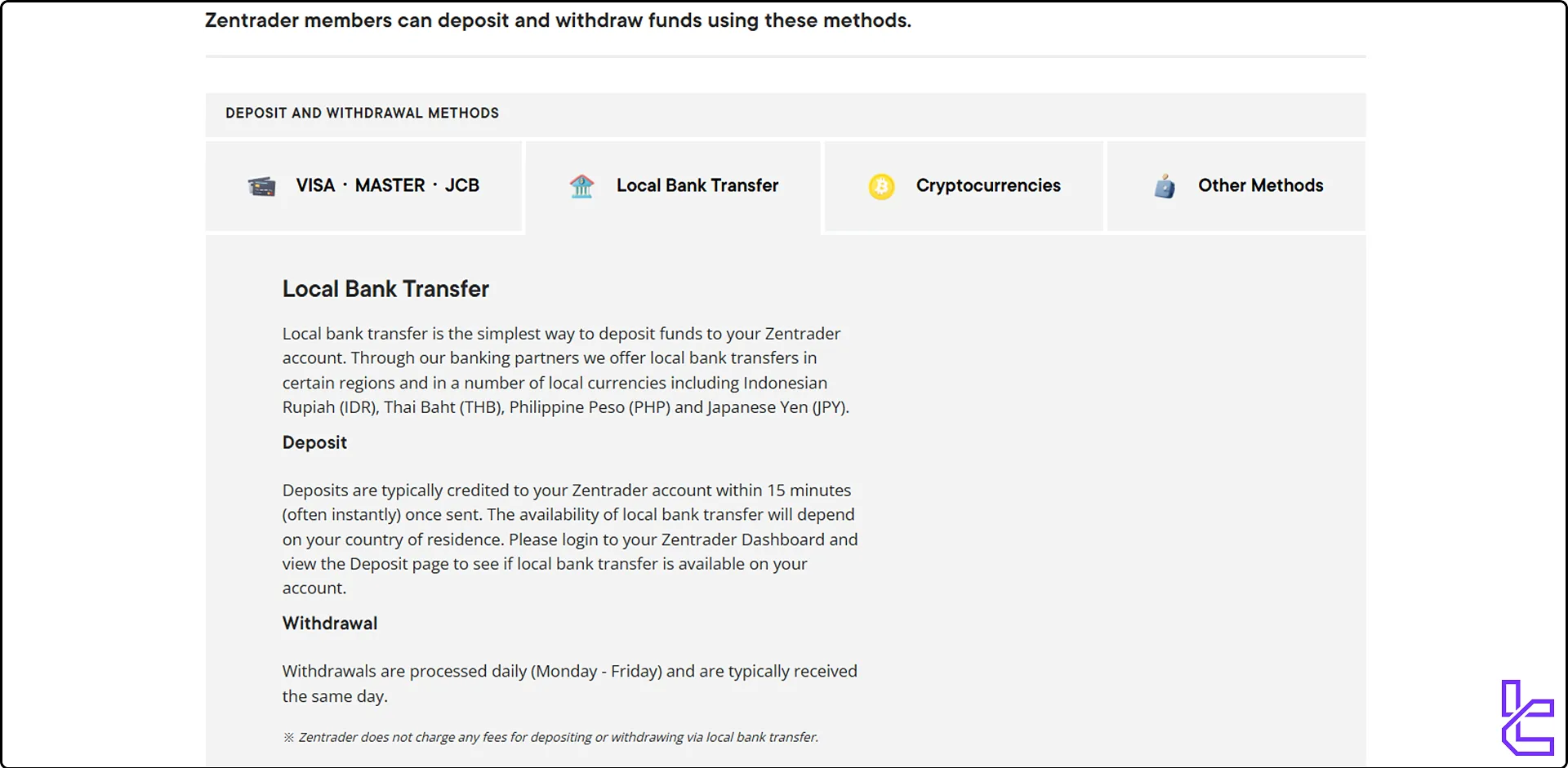 Zentrader local bank transfer