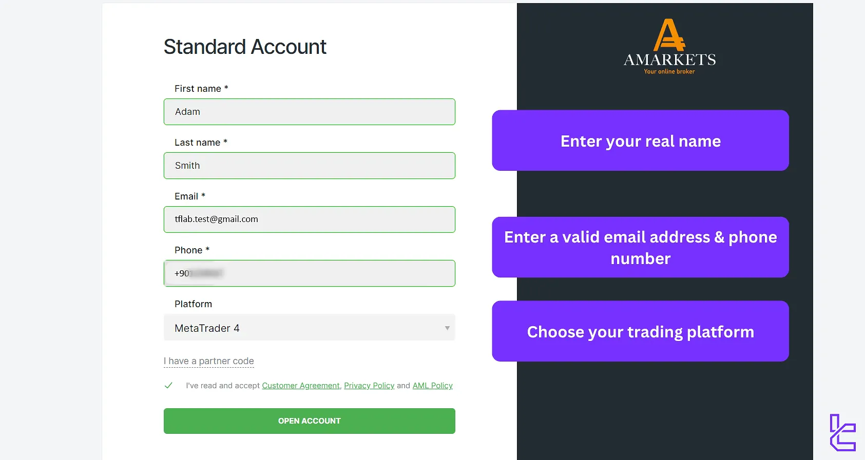 AMarkets registration form