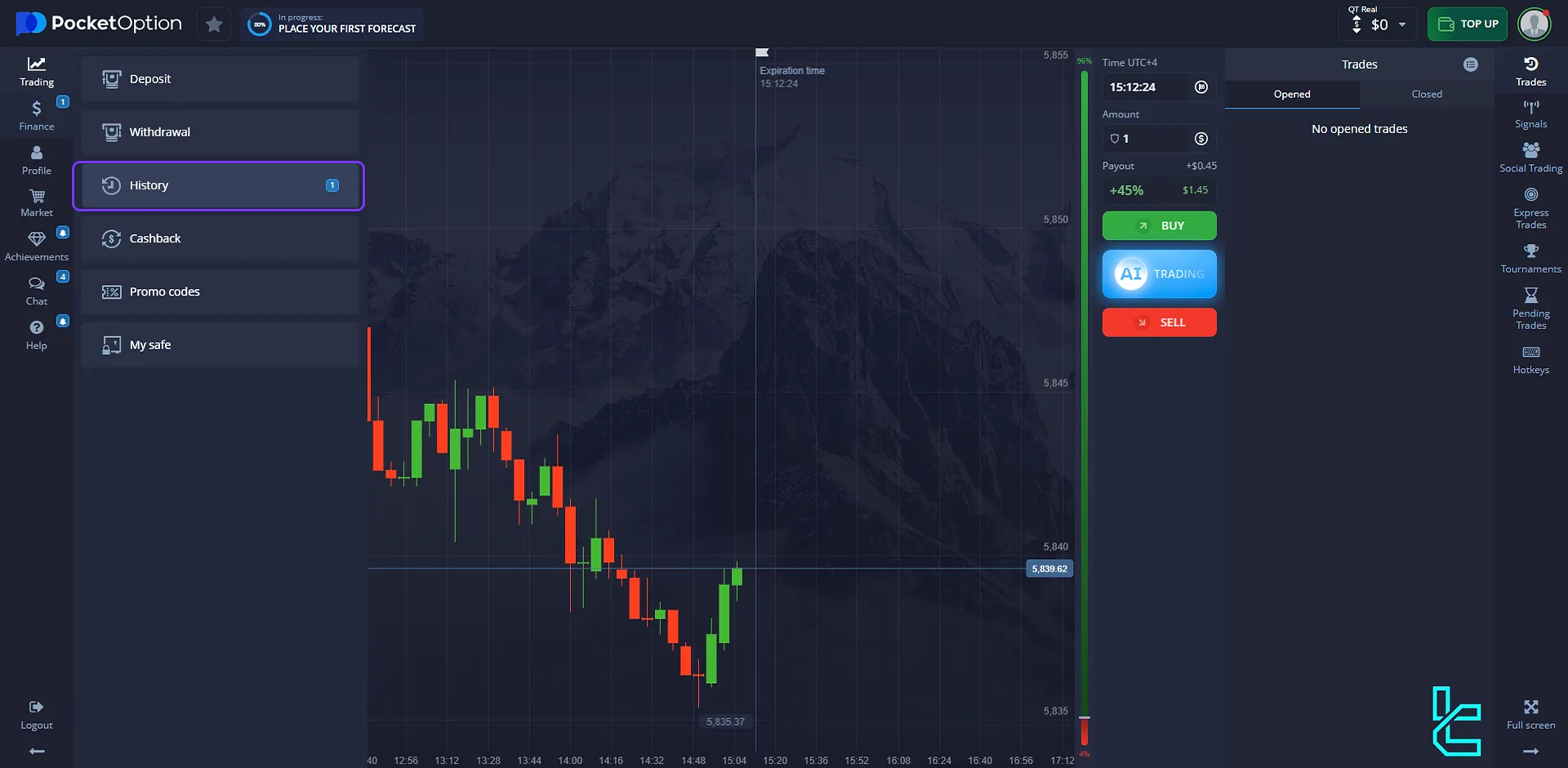 Pocket Option dashboard and history section