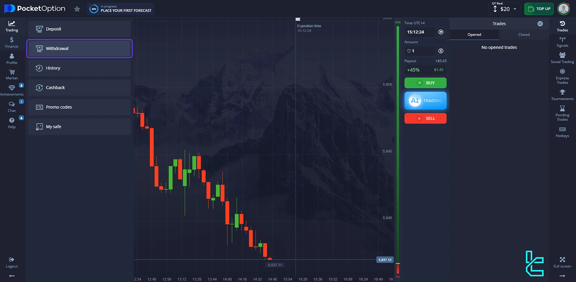 Pocket Option dashboard and withdrawal section