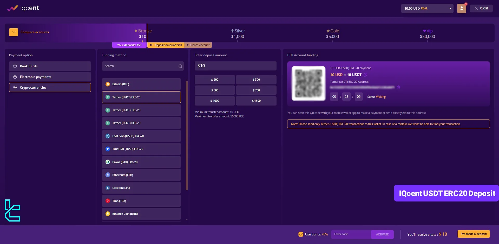 IQcent USDT ERC20 deposit