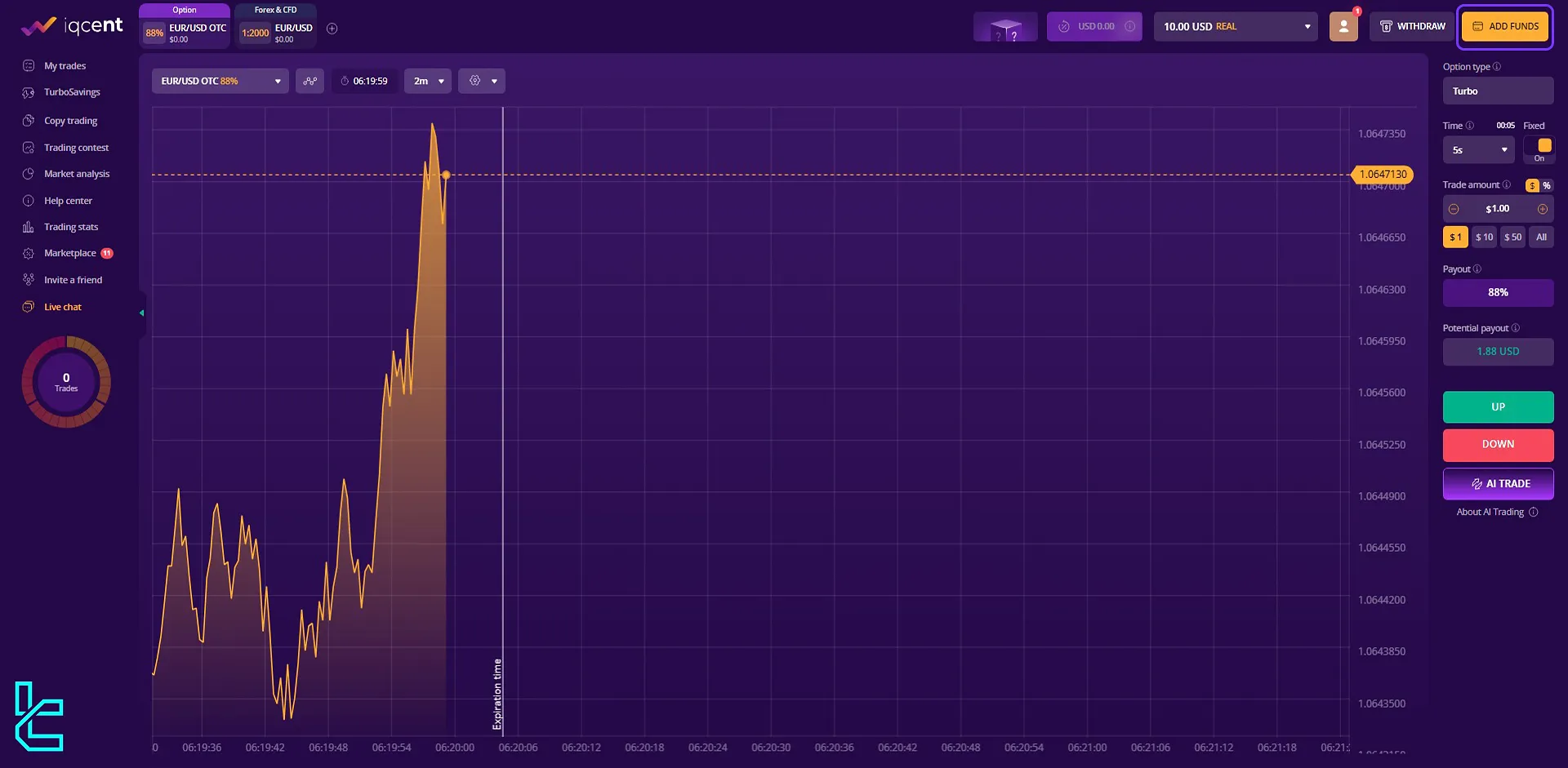 IQcent dashboard and “Add Funds” option