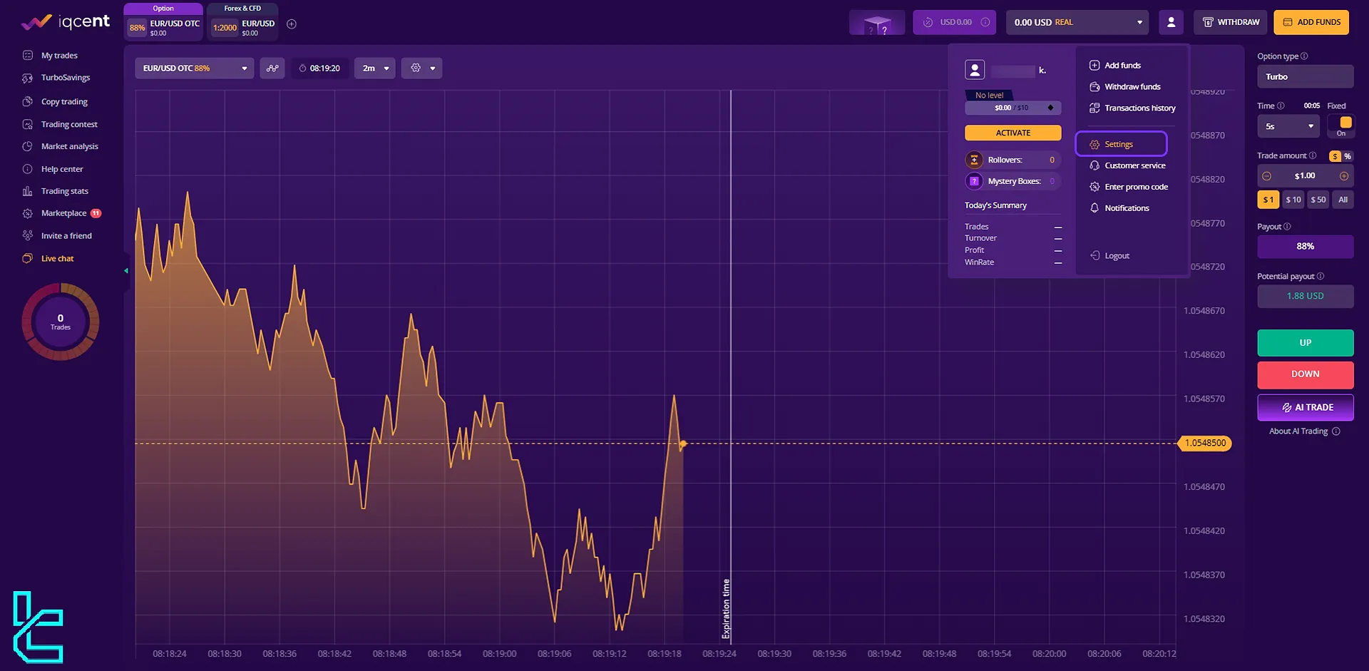 IQcent dashboard and settings option