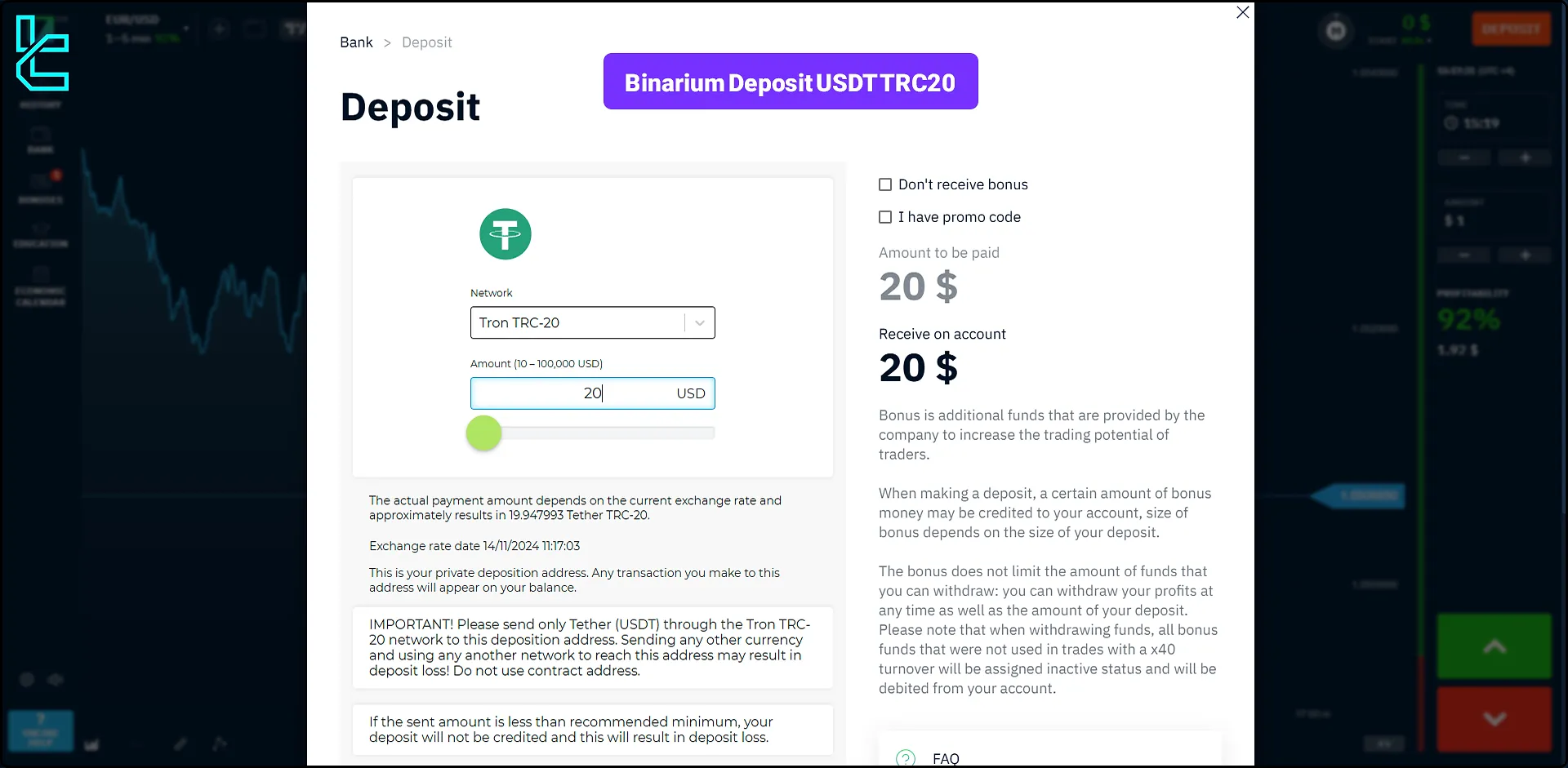 Binarium Deposit USDT TRC20 2024 [Tether on Tron Network]