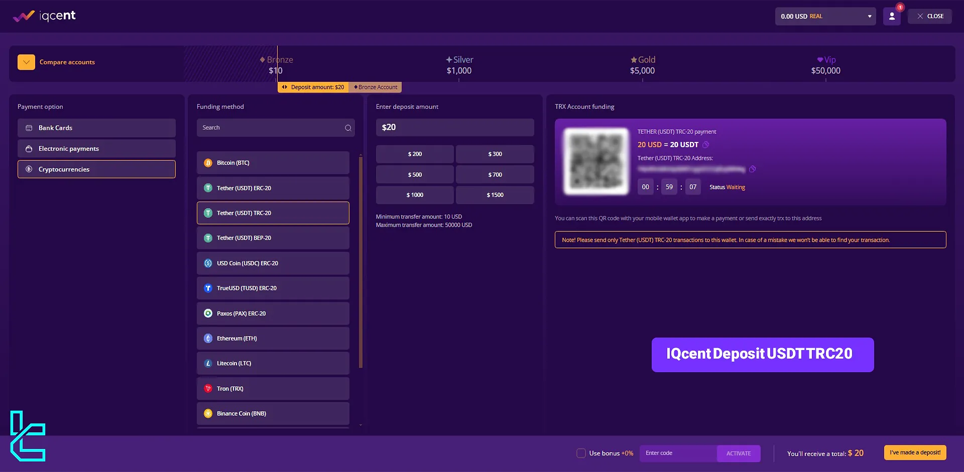 IQcent Deposit USDT TRC20 2024 [Tether TRC-20 Account Funding]