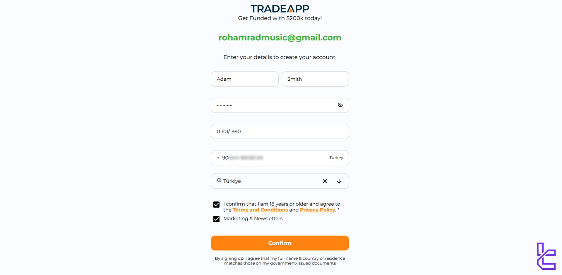 TradeApp exchange registration form