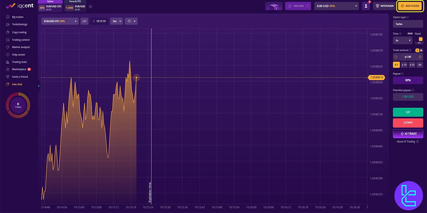 IQcent dashboard and “Add Funds” button