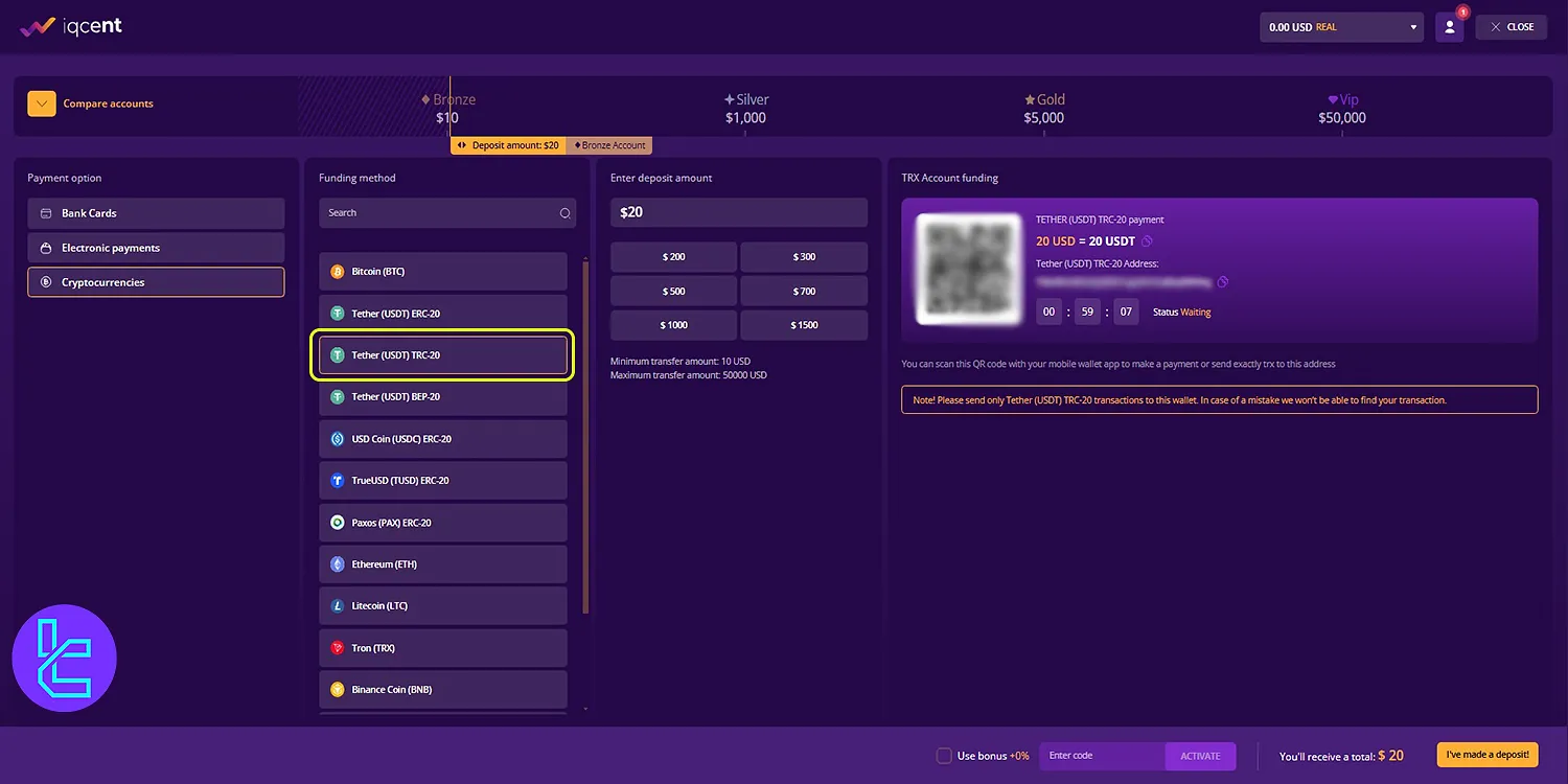 IQcent Tether TRC20 deposit