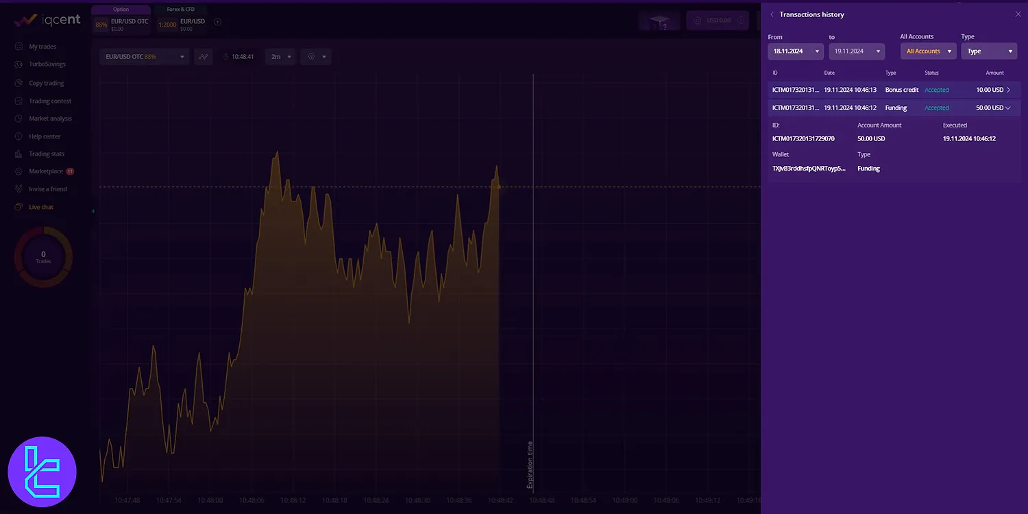 IQcent transaction history