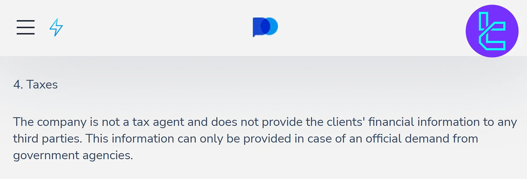 Taxes section on Pocket Option website