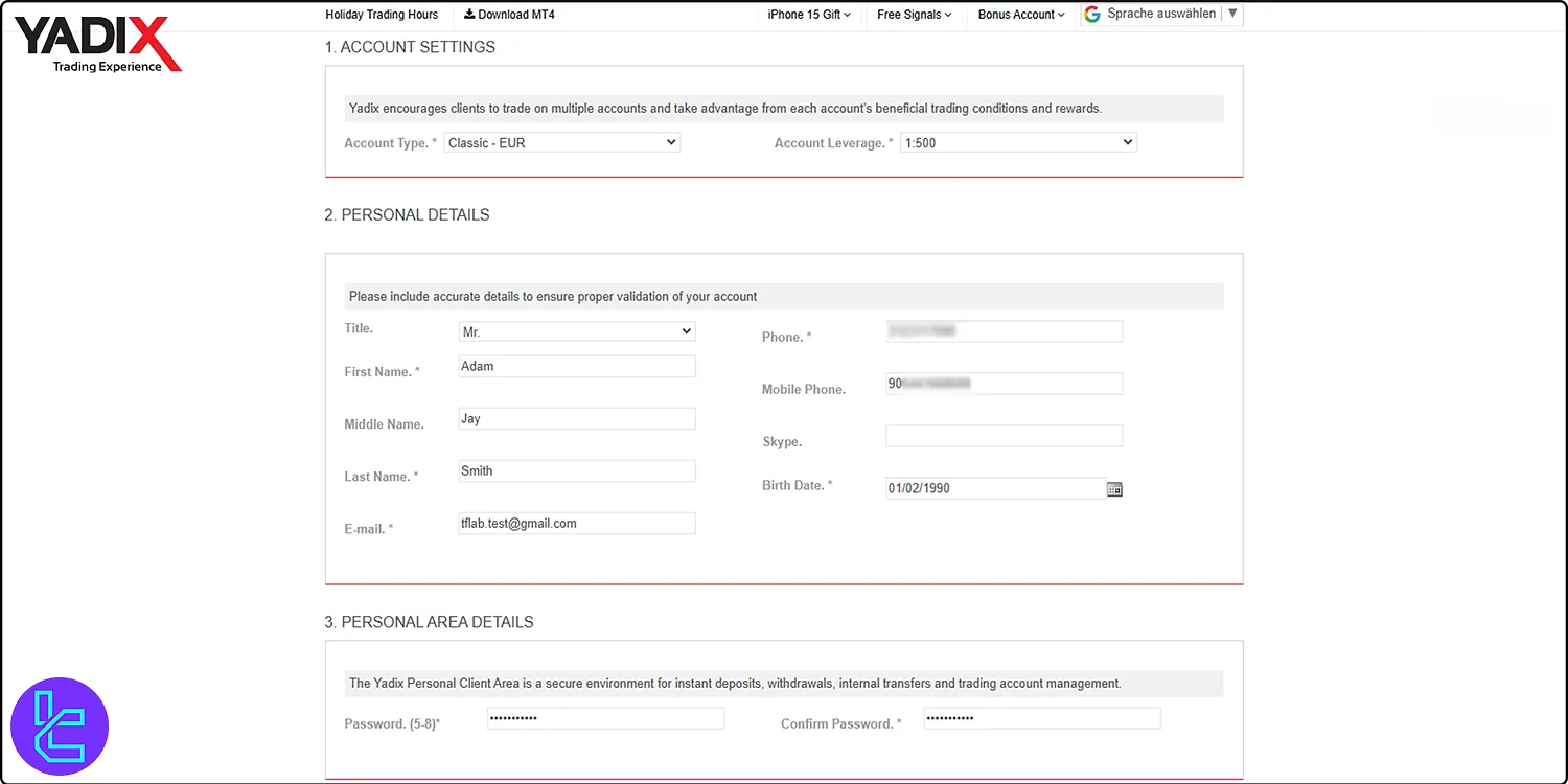 Yadix broker sign up form