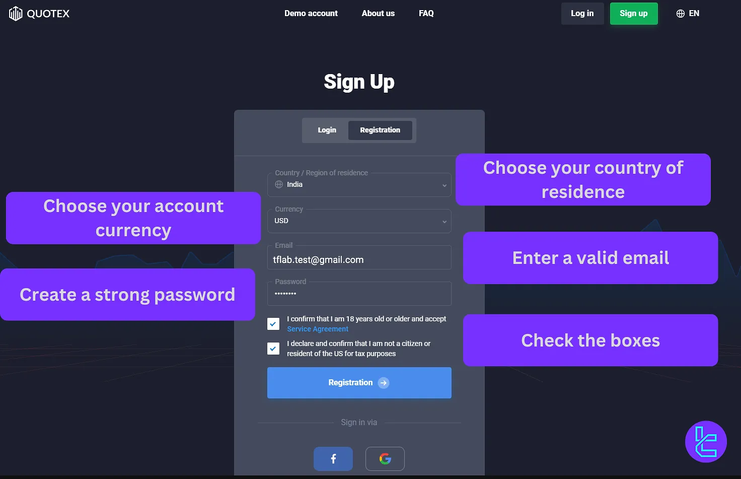 Quotex sign up form