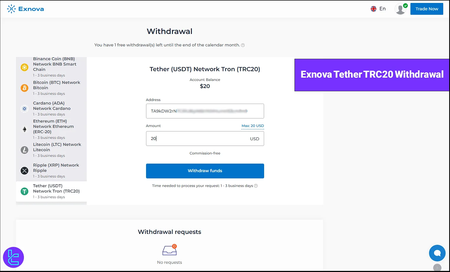 Exnova Tether TRC20 withdrawal