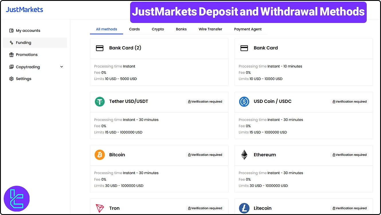 JustMarkets deposit and withdrawal methods