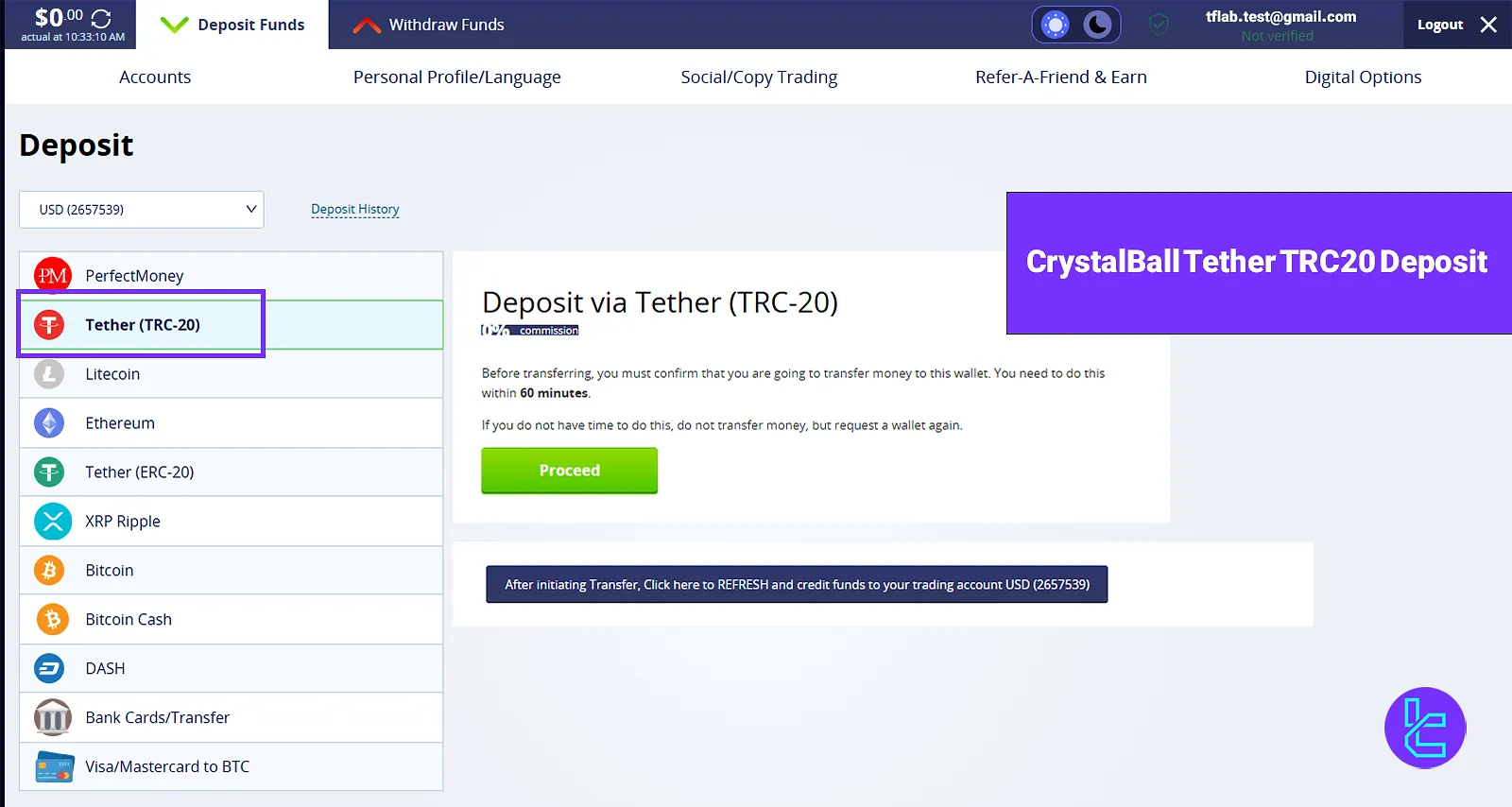 CrystalBall Tether TRC20 Deposit