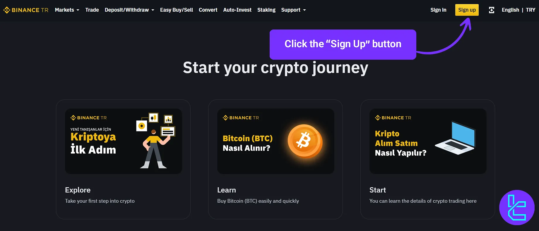 "Sign up" button on Binance TR