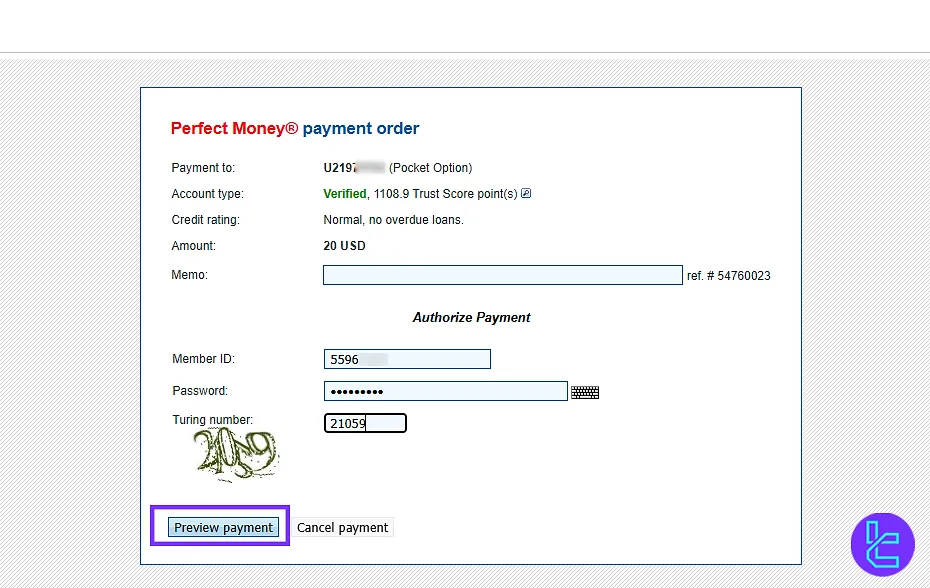 Inserting Perfect Money account details