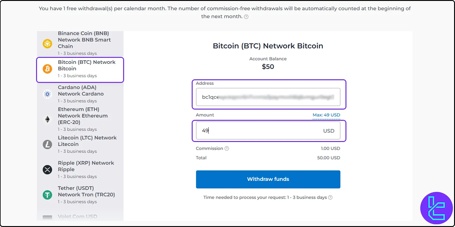 Exnova BTC withdrawal page