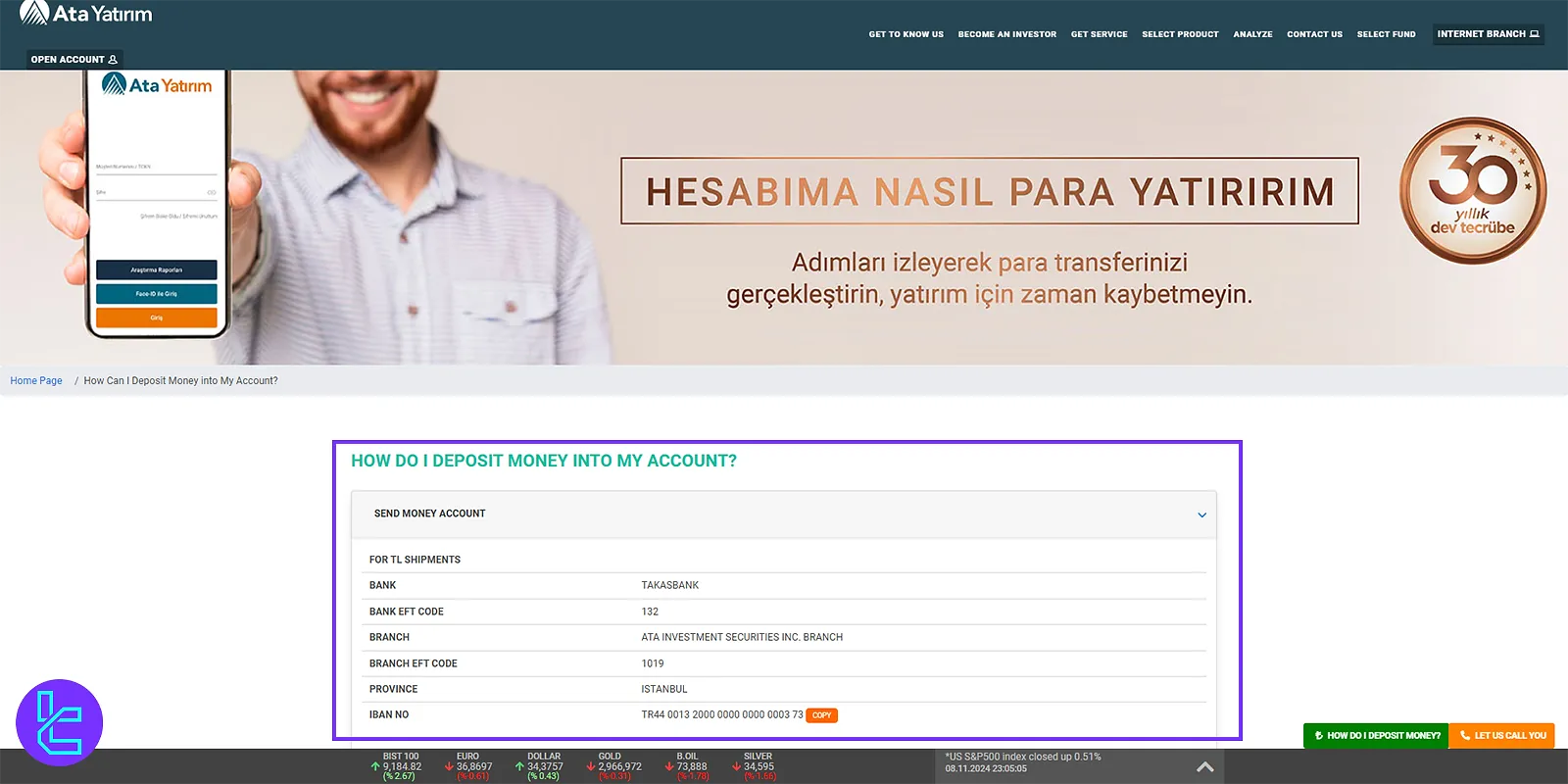 Depositing funds in Ata Yatırım