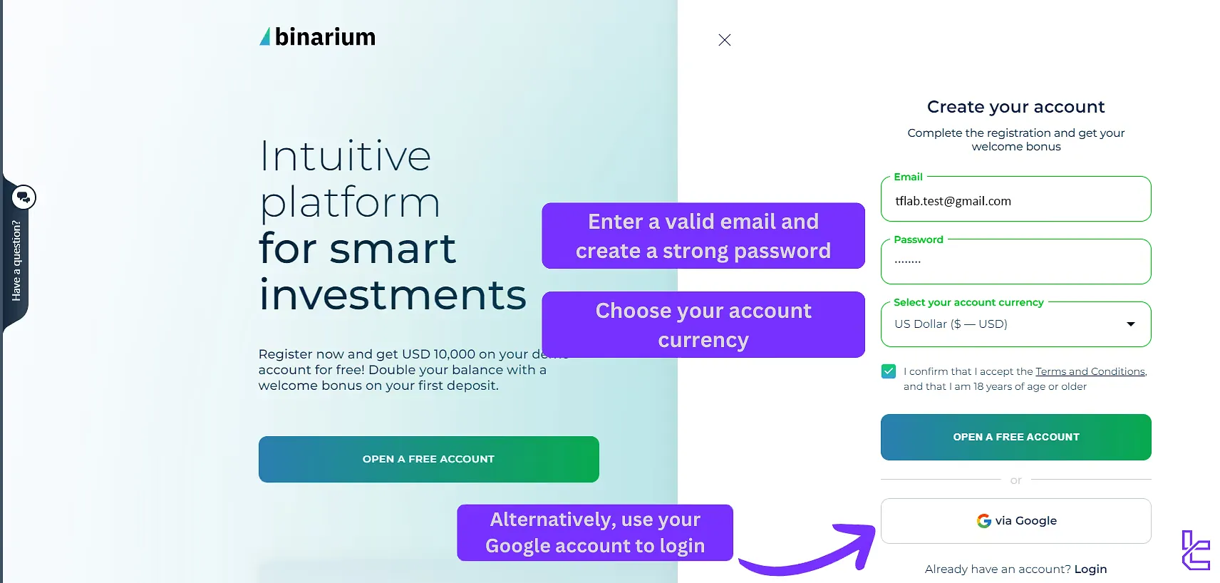 Binarium registration form