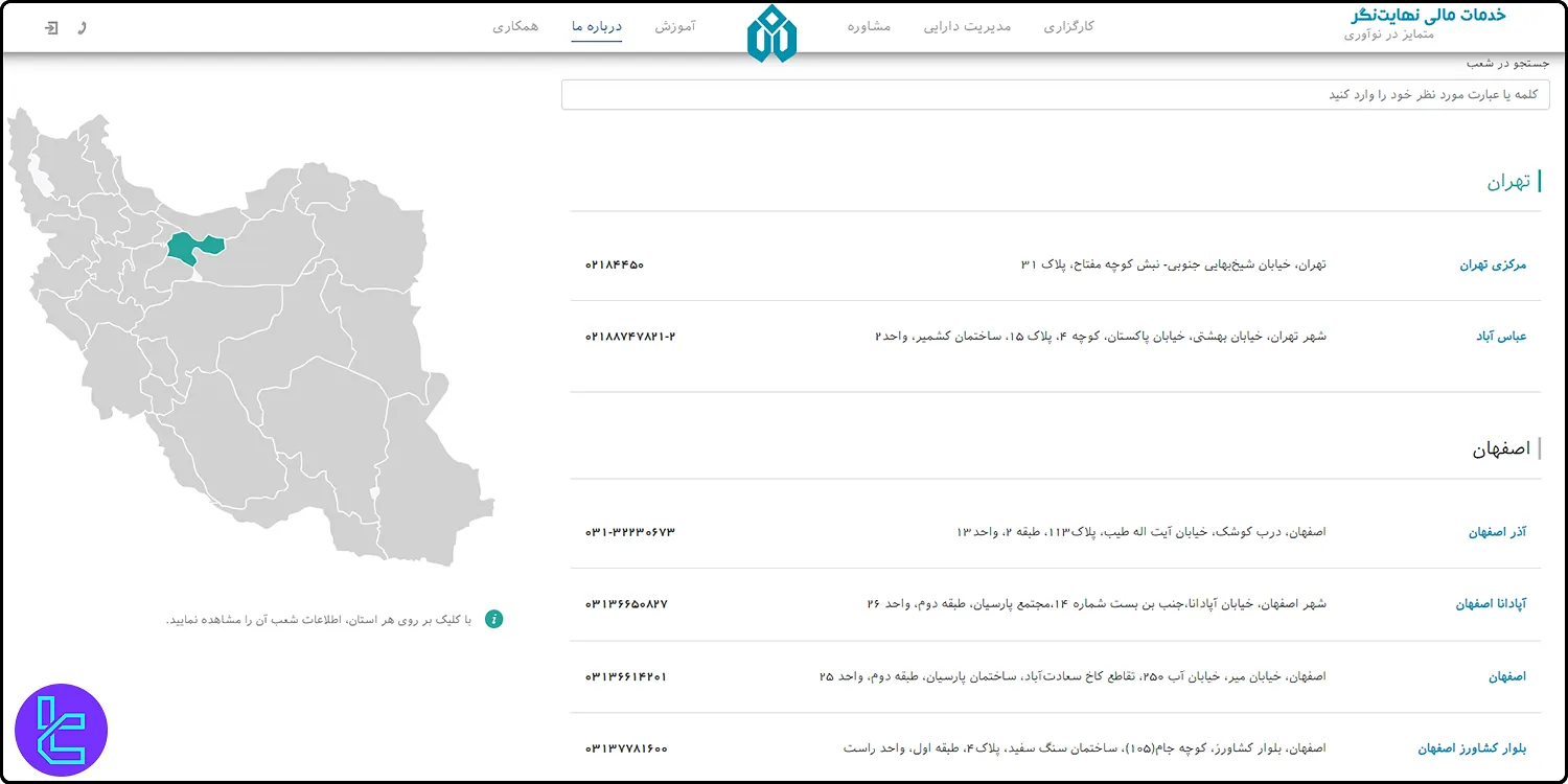 اطلاعات شعب کارگزاری نهایت نگر در تهران و اصفهان