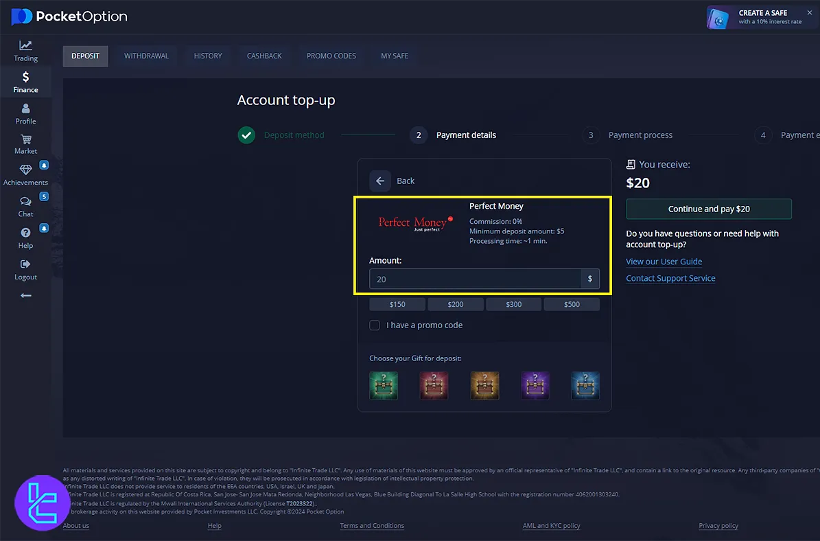 Deposit amount to fund Pocket Option with Perfect Money