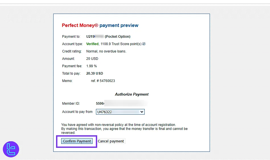 Payment confirmation for Pocket Option Deposit Perfect Money