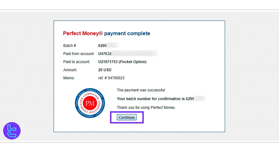 Completing the payment for Pocket Option Deposit Perfect Money