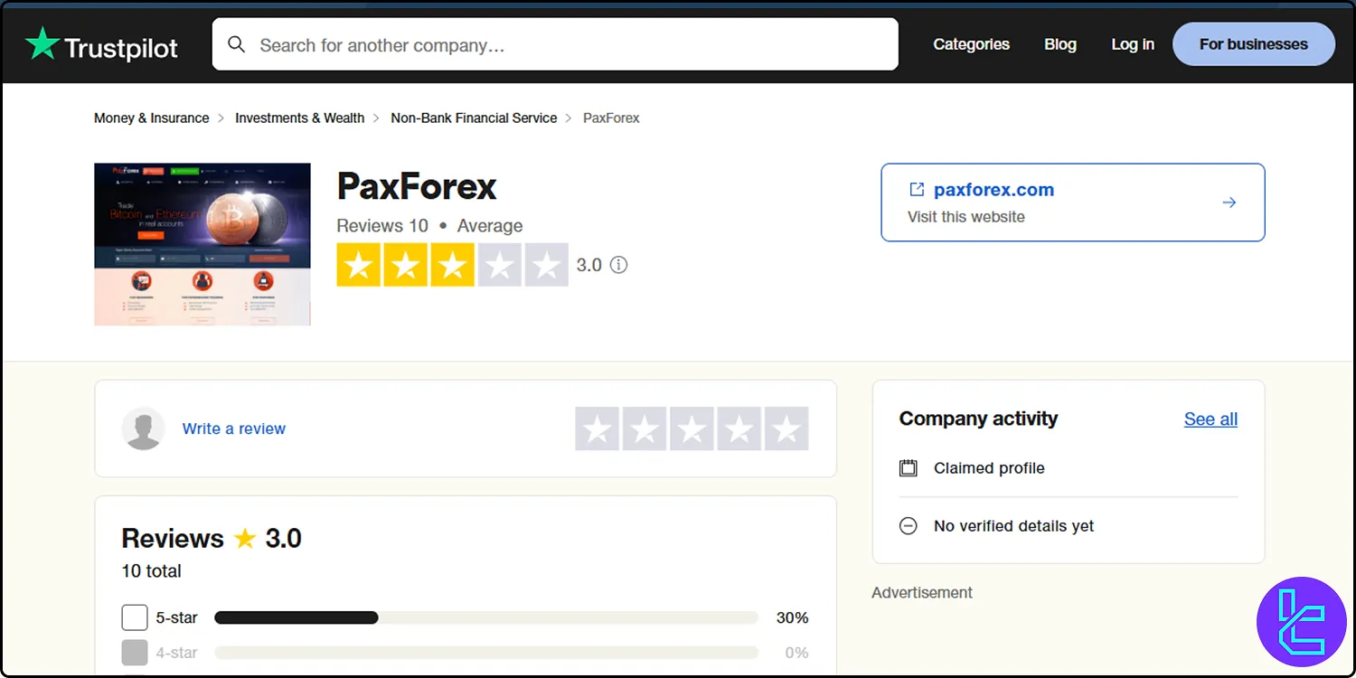 PaxForex Trustpilot score