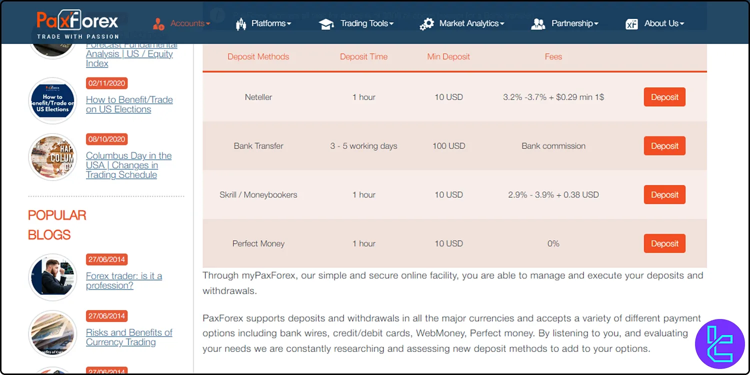 PaxForex deposit methods table