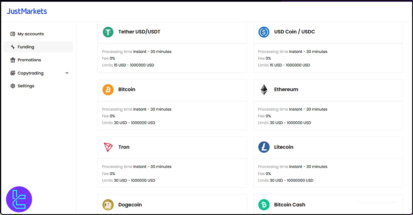 JustMarkets crypto deposit and withdrawals