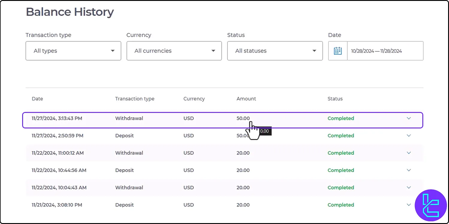 Exnova Bitcoin withdrawal in balance history section