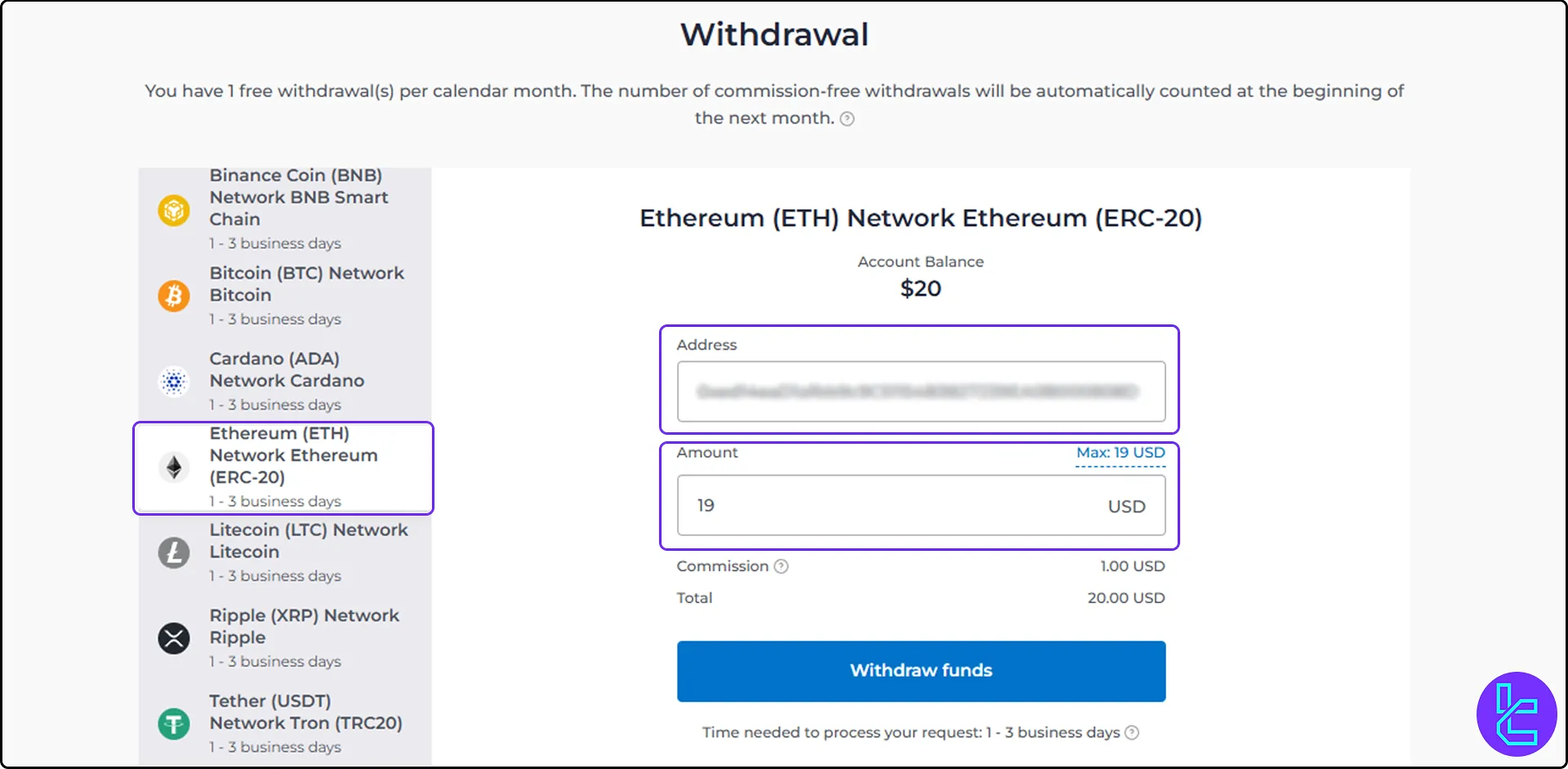 Exnova Ethereum withdrawal page