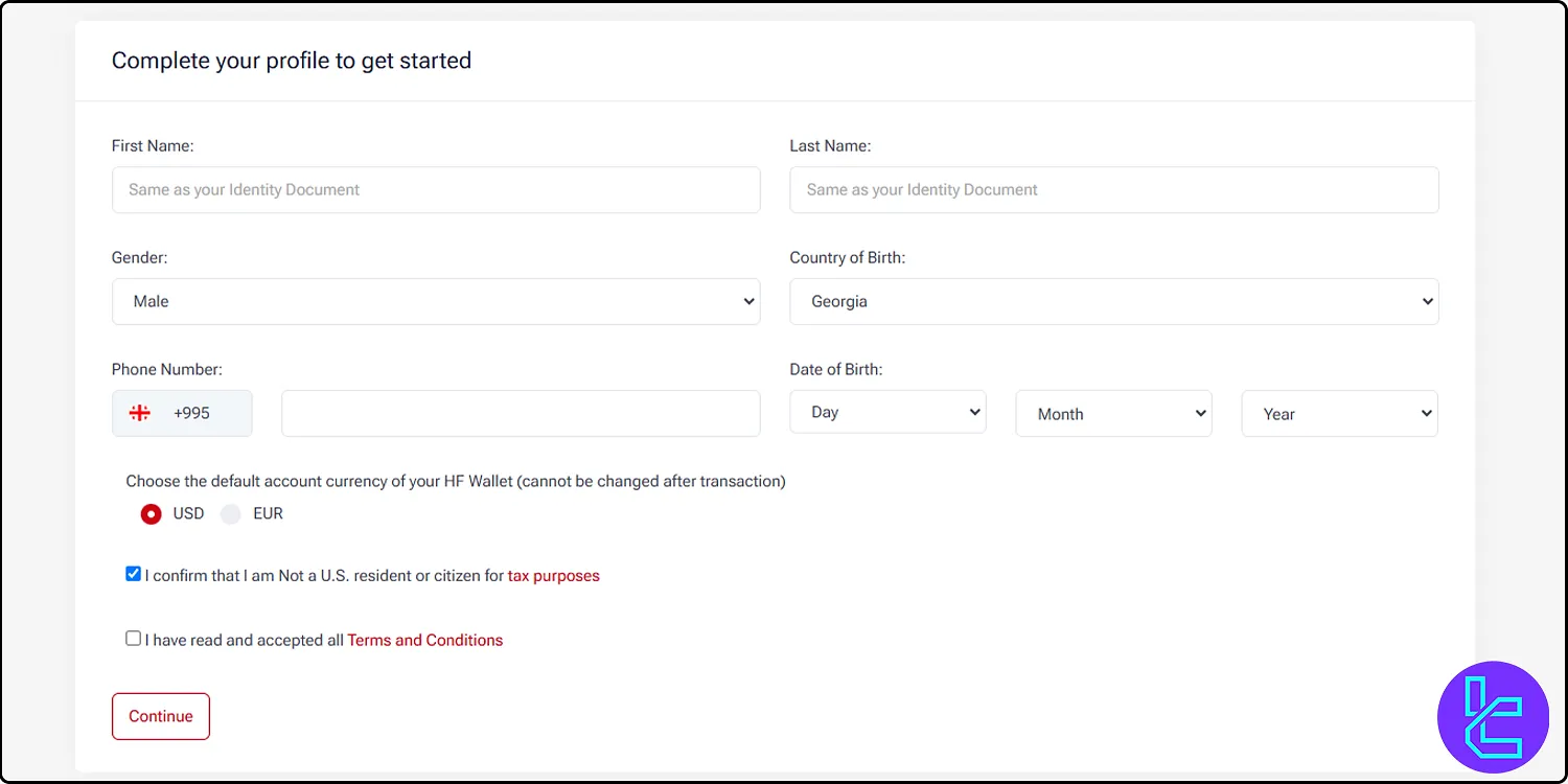 HFM registration profile details form