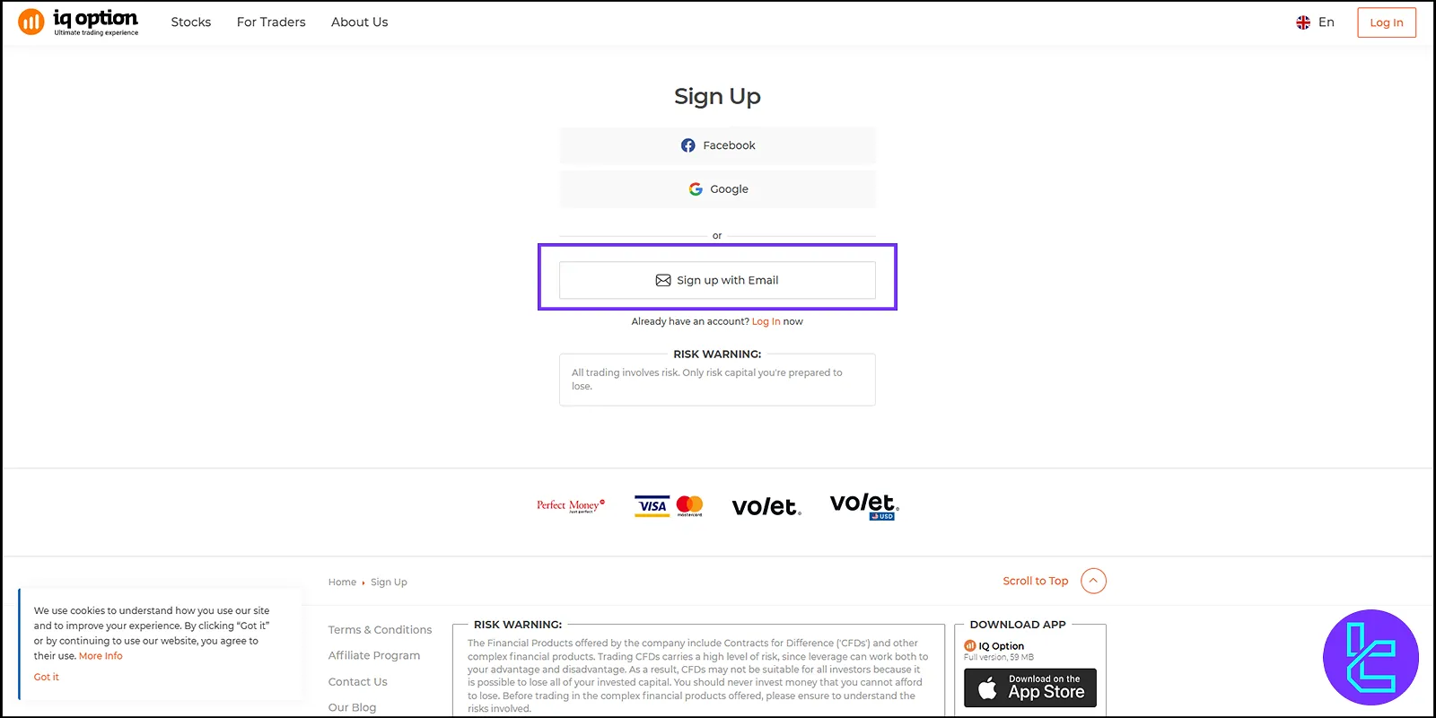 Sign up with an email address in IQ Option