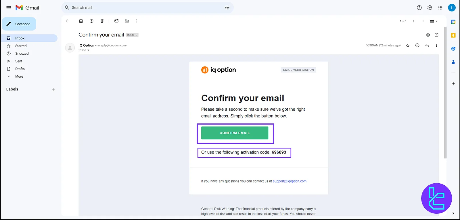 Copying the verification code for IQ Option email verification