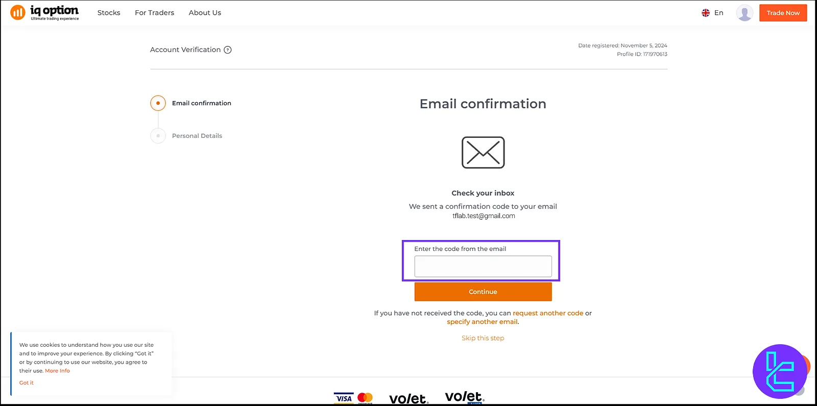 Continuing with the IQ Option email verification process