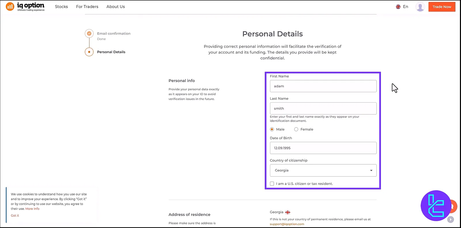 Filling in the personal data for IQ Option Registration