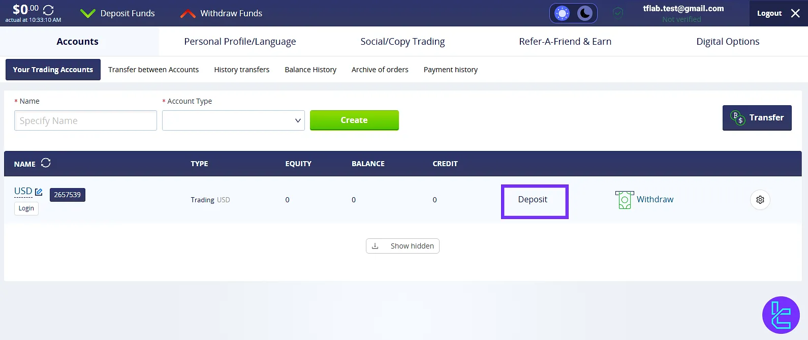 Deposit option for CrystalBall Tether TRC20