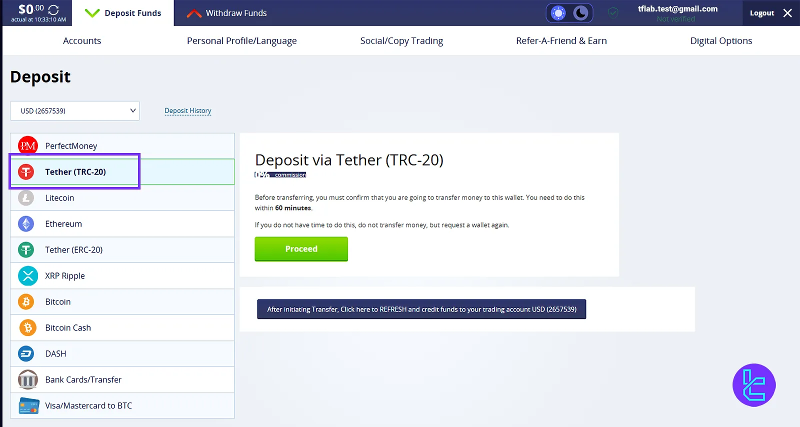 Selecting the deposit method for CrystalBall Tether TRC20