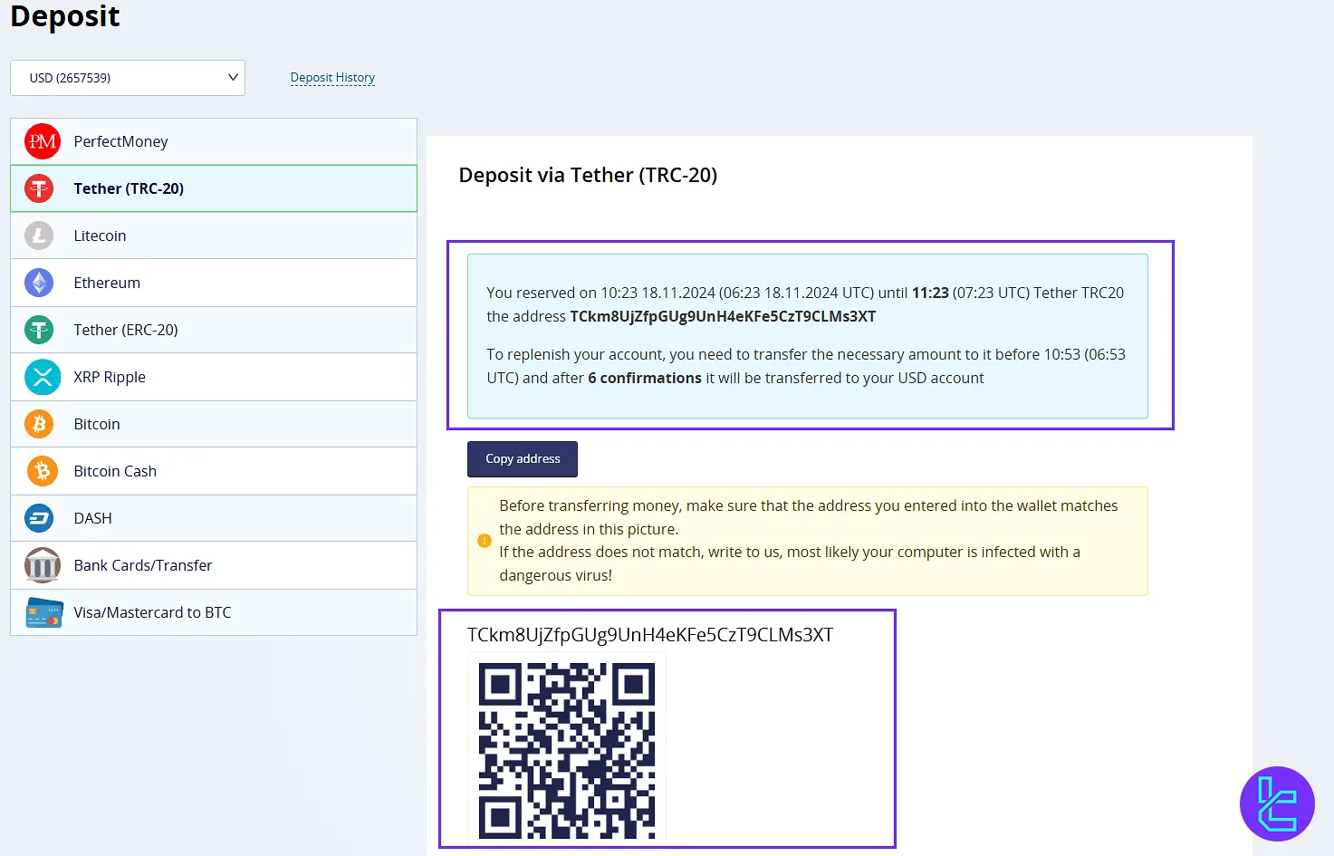 Wallet address for CrystalBall Tether TRC20 Deposit