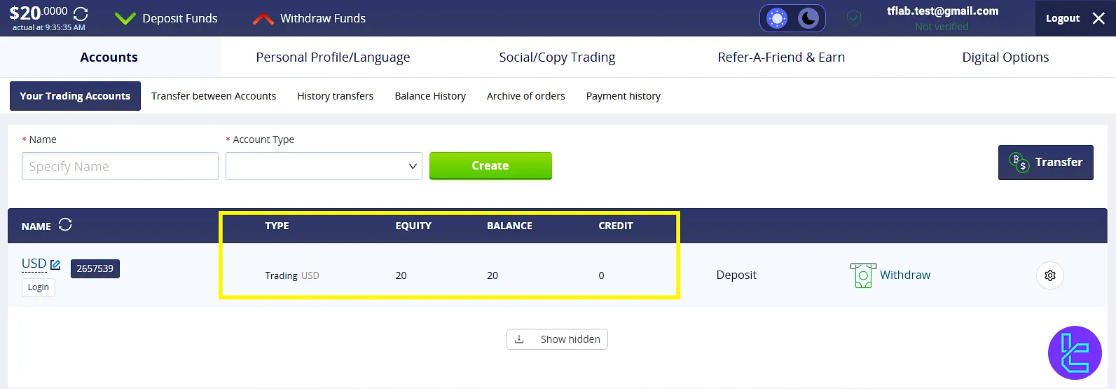 Account credited after CrystalBall Tether TRC20 Deposit