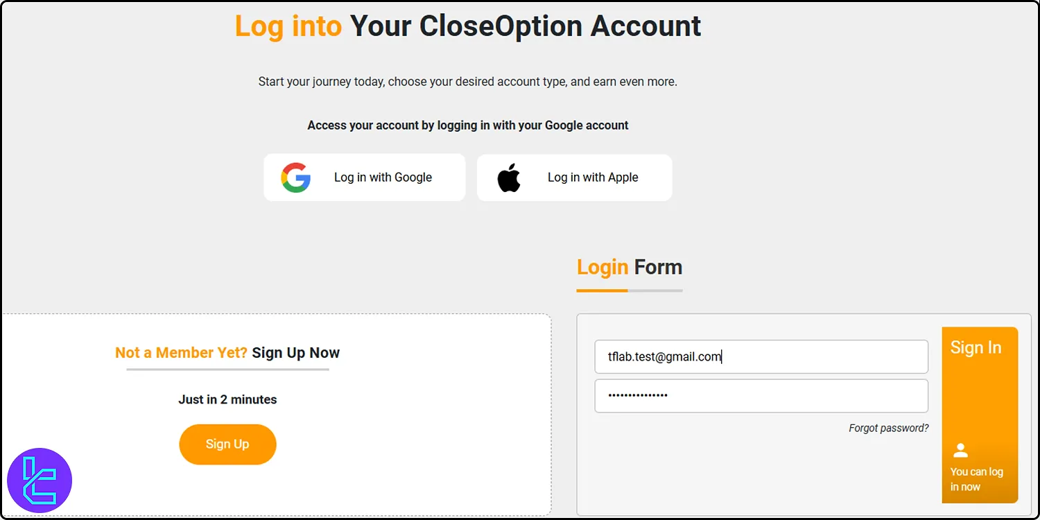 CloseOption login form