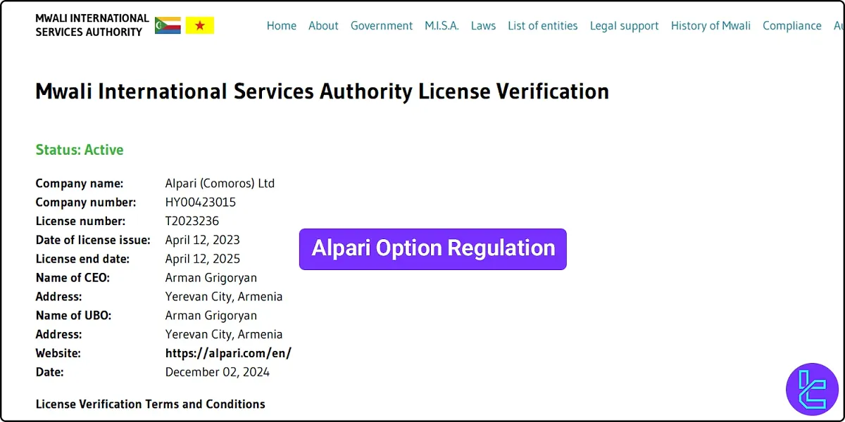 Alpari Option Regulation 2025 [Regulated by MISA]