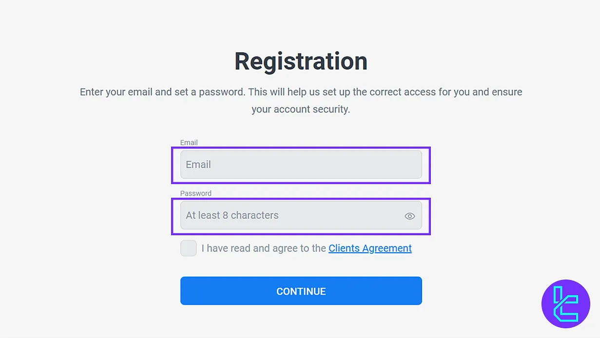 Inserting email and setting a password when signing up with LiteFinance