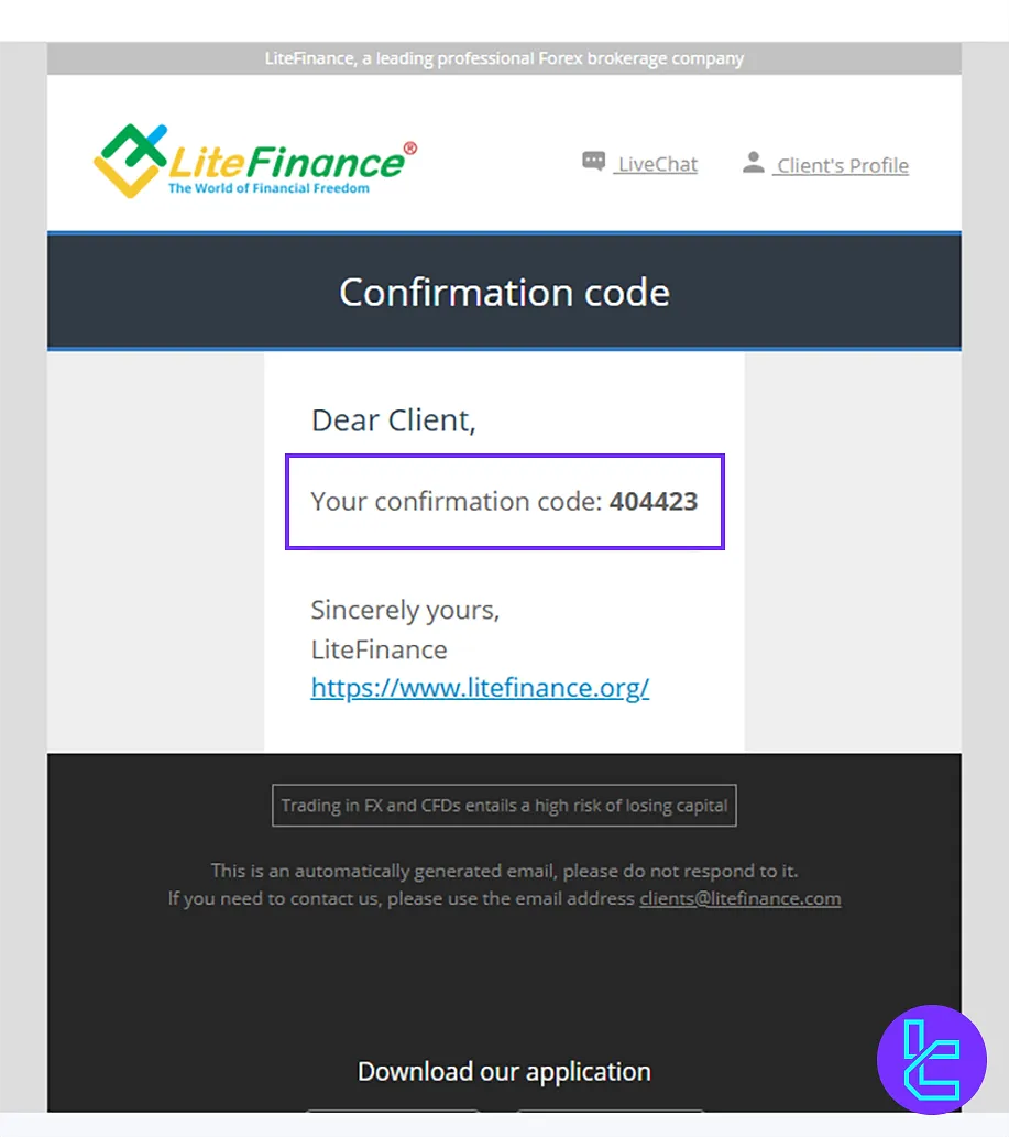 Checking the confirmation email for LiteFinance Signup