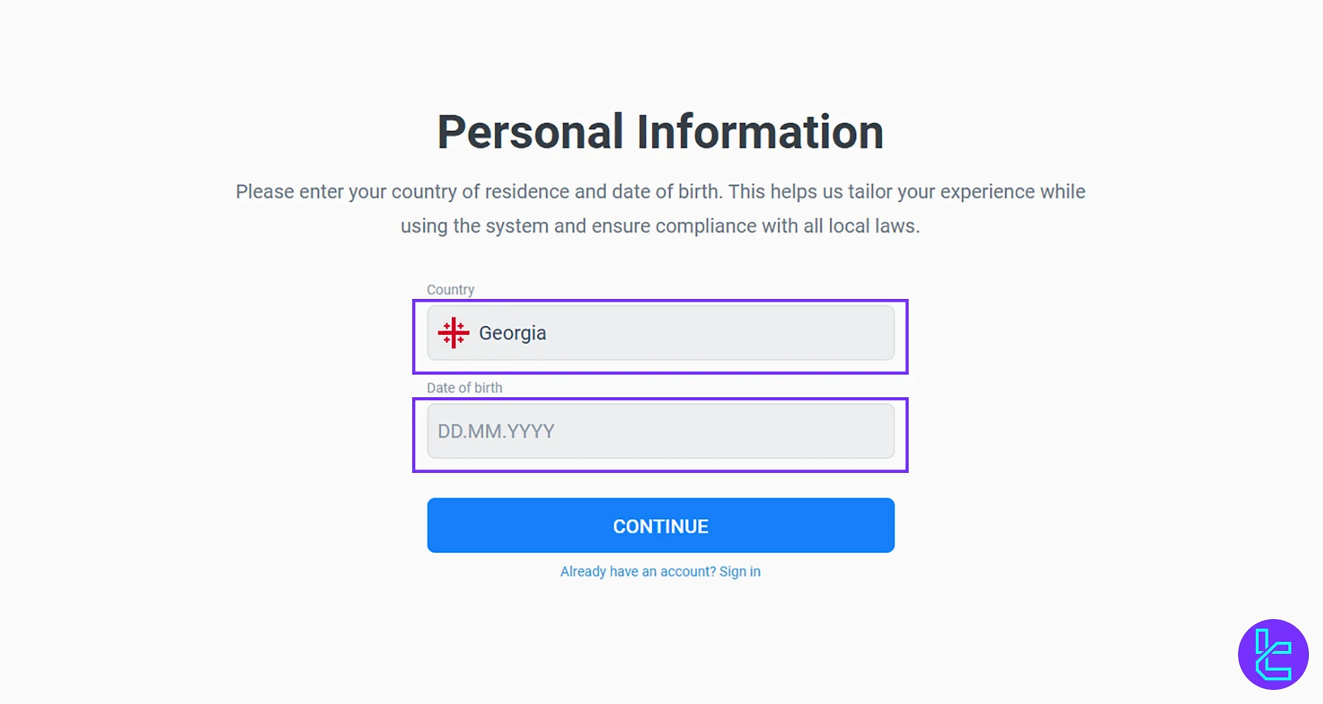 Inserting personal information in LiteFinance