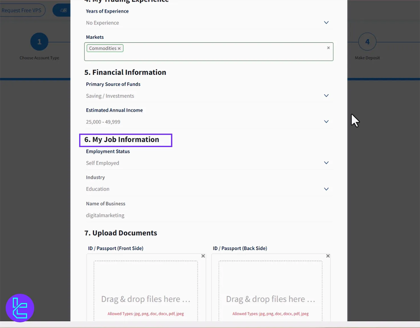 Entering your job status as one of the information required for Orbex KYC