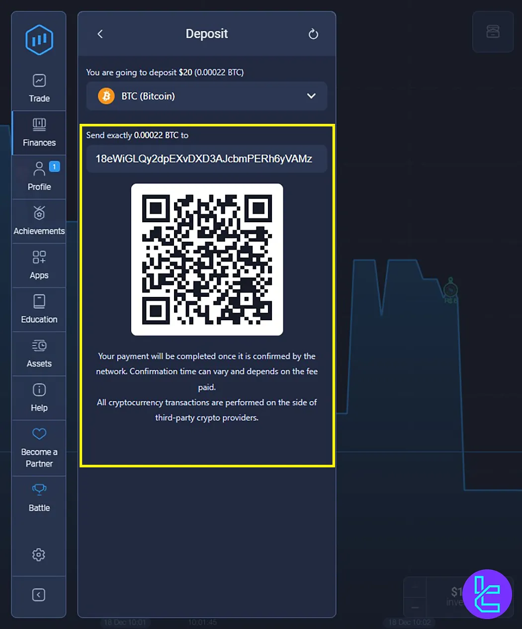 QR code to deposit BTC into Expert Option account