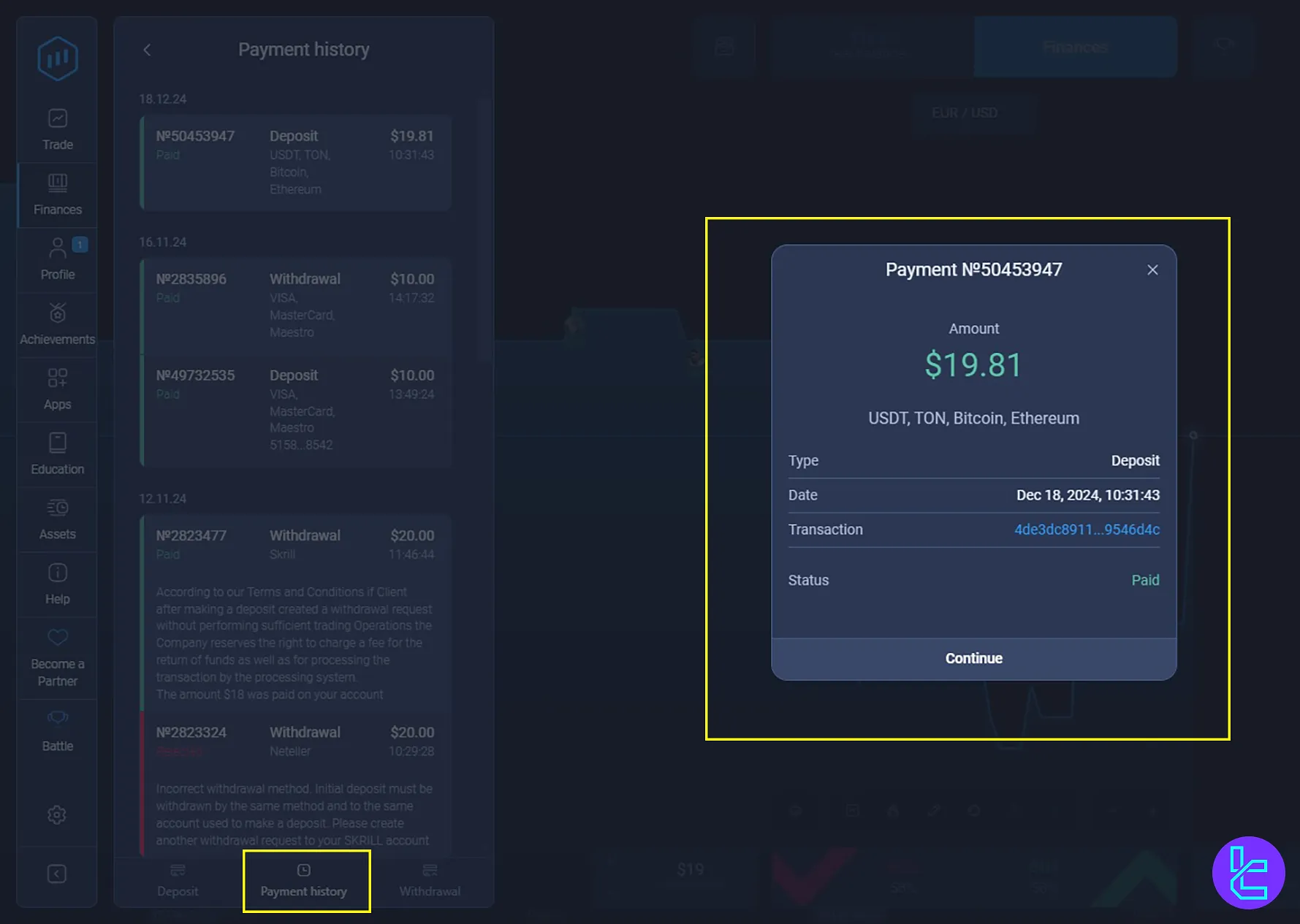 History section for Expert Option Deposit using BTC